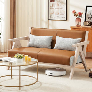 Loveseat Sofa for Small Spaces with Throw Pillows Rubber Wood Frame Padded Seat-Brown