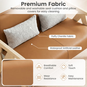 Loveseat Sofa for Small Spaces with Throw Pillows Rubber Wood Frame Padded Seat-Brown