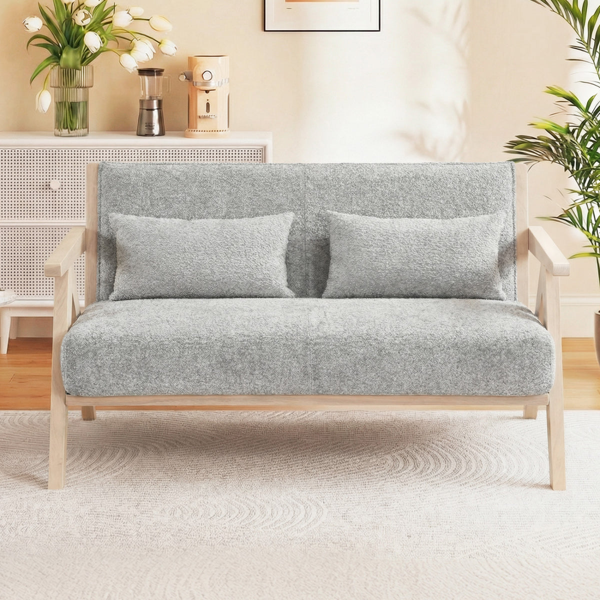 Loveseat Sofa for Small Spaces with Throw Pillows Rubber Wood Frame Padded Seat-Gray