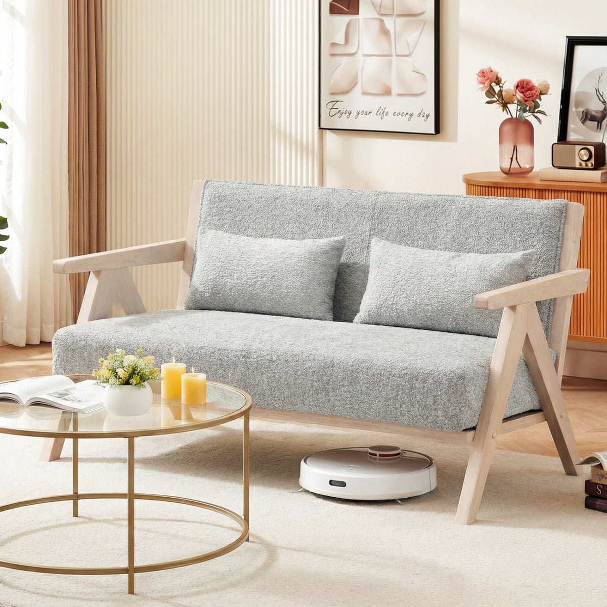 Loveseat Sofa for Small Spaces with Throw Pillows Rubber Wood Frame Padded Seat-Gray