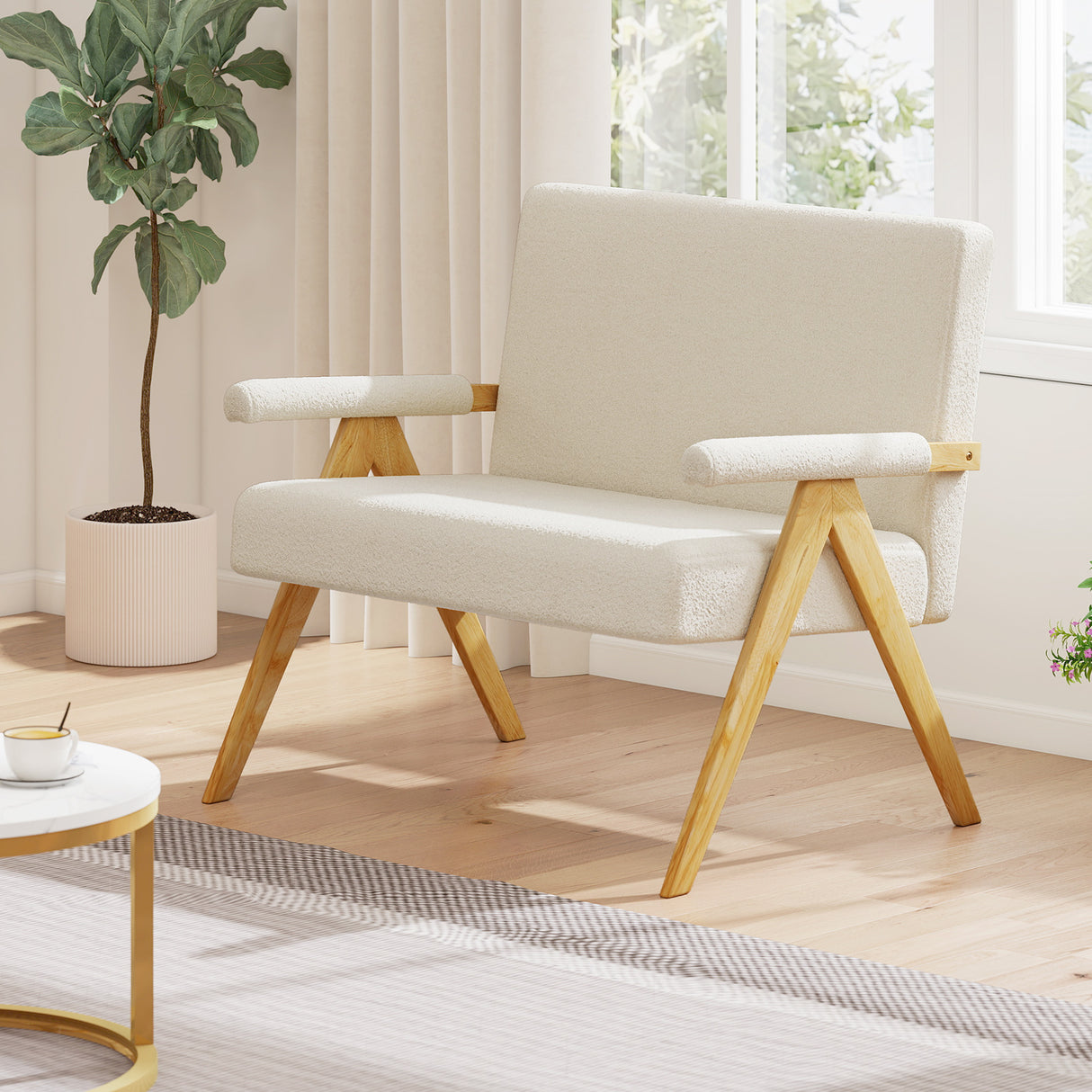 Loveseat Sofa with Armrests and Wooden Legs-Beige