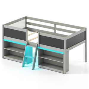 Low Loft Bed with LED Lights Kid's Cabin Bed with Bookcases-Gray