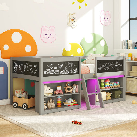 Low Loft Bed with LED Lights Kid's Cabin Bed with Bookcases-Gray