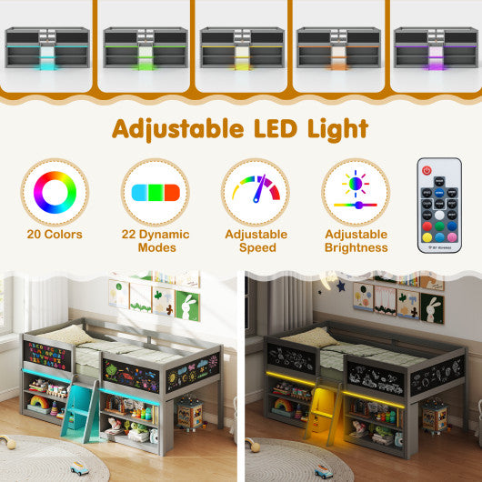 Low Loft Bed with LED Lights Kid's Cabin Bed with Bookcases-Gray