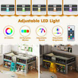 Low Loft Bed with LED Lights Kid's Cabin Bed with Bookcases-Gray