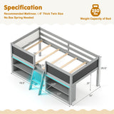 Low Loft Bed with LED Lights Kid's Cabin Bed with Bookcases-Gray