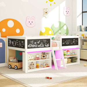Low Loft Bed with LED Lights Kid's Cabin Bed with Bookcases-White