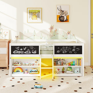 Low Loft Bed with LED Lights Kid's Cabin Bed with Bookcases-White