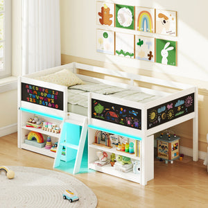Low Loft Bed with LED Lights Kid's Cabin Bed with Bookcases-White