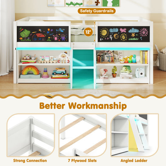 Low Loft Bed with LED Lights Kid's Cabin Bed with Bookcases-White