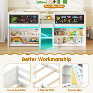 Low Loft Bed with LED Lights Kid's Cabin Bed with Bookcases-White