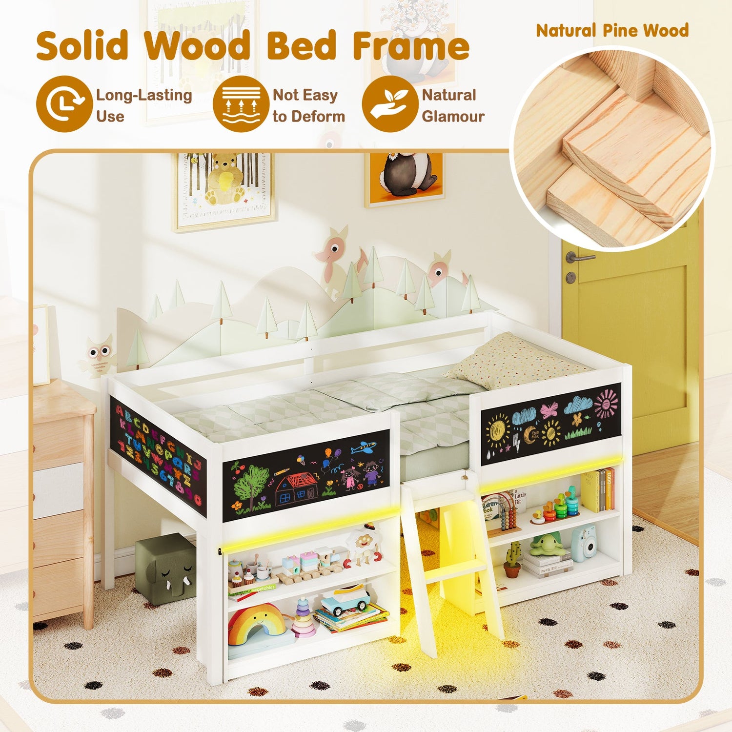 Low Loft Bed with LED Lights Kid's Cabin Bed with Bookcases-White