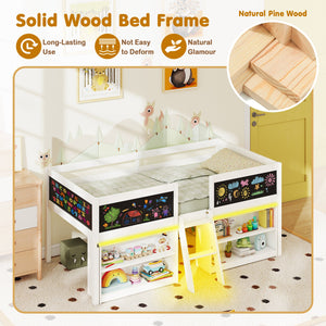 Low Loft Bed with LED Lights Kid's Cabin Bed with Bookcases-White
