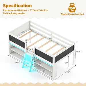 Low Loft Bed with LED Lights Kid's Cabin Bed with Bookcases-White