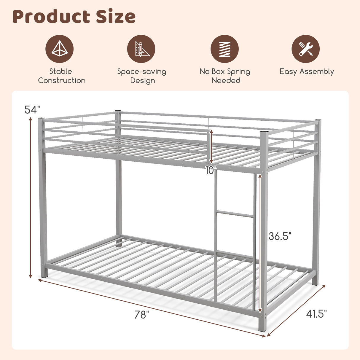 Low Profile Twin Over Twin Metal Bunk Bed with Full-length Guardrails-Silver