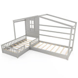 L-shaped Double Twin Beds House Platform Beds with Fences Corner Bed Frame-Gray