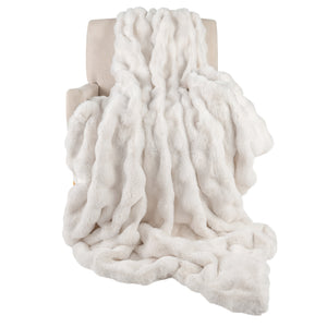 Luxury Fuzzy Plush Rabbit Fur Bubble Blanket for Armchair-White