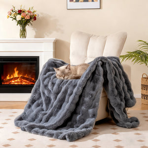 Luxury Fuzzy Plush Rabbit Fur Bubble Blanket for Armchair-Gray