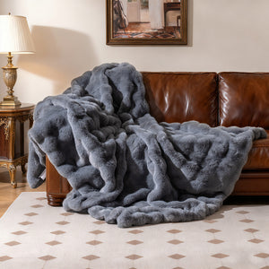 Luxury Fuzzy Plush Rabbit Fur Bubble Blanket for Armchair-Gray