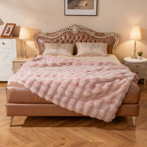 Luxury Fuzzy Plush Rabbit Fur Bubble Blanket for Armchair-Pink