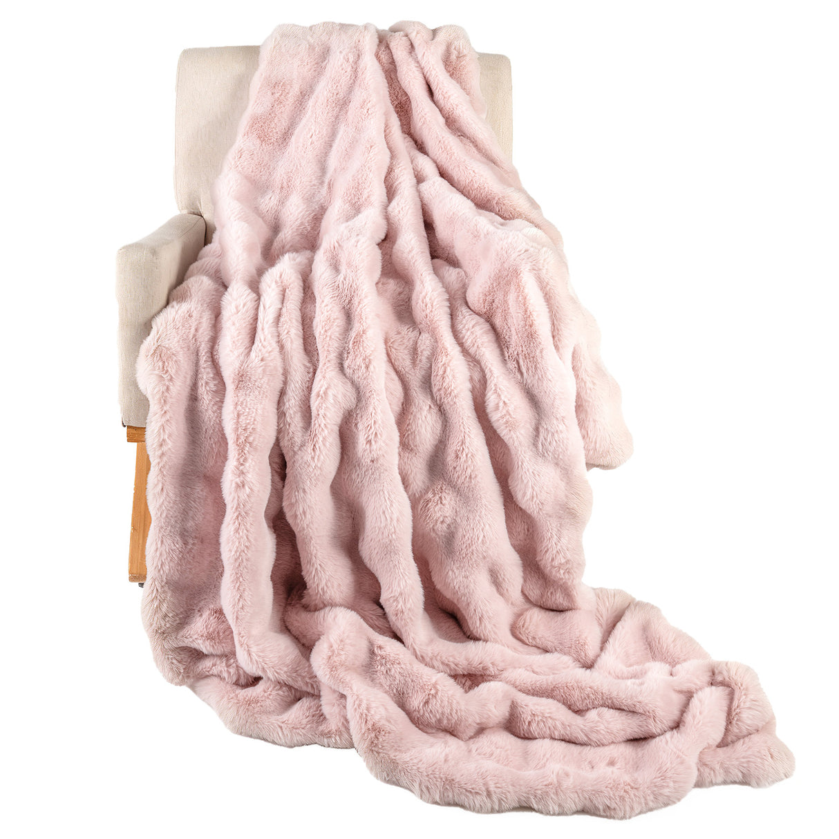 Luxury Fuzzy Plush Rabbit Fur Bubble Blanket for Armchair-Pink