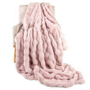 Luxury Fuzzy Plush Rabbit Fur Bubble Blanket for Armchair-Pink