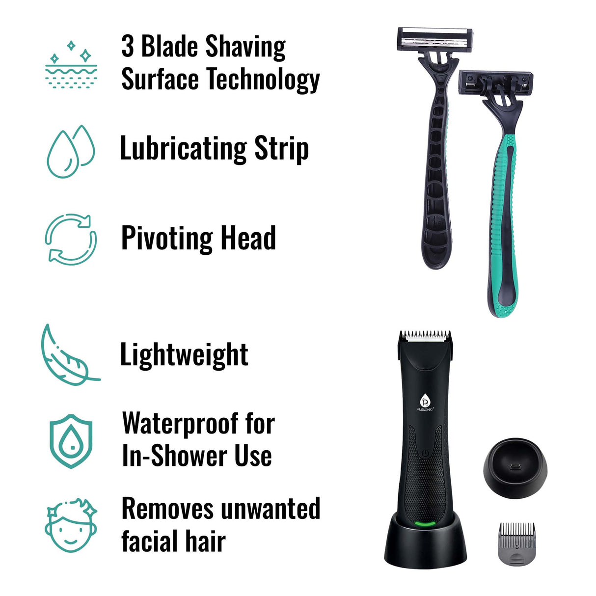 Mario Lopez Wireless Body Hair Trimmer & Shaver and Mario Lopez Disposable Razors - 3 Blade Shaving Surface Technology by Pursonic