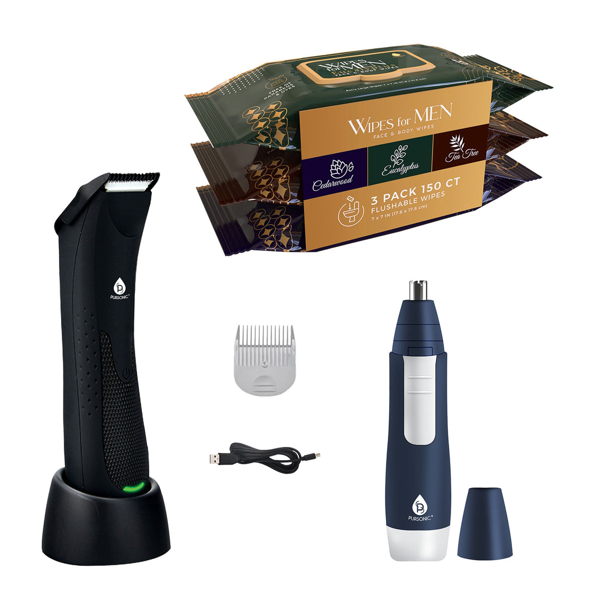 Pursonic – Mario Lopez Wireless Body Hair Trimmer & Shaver + Nose and Ear Hair Trimmer + Men’s Assorted Face and Body Wipes (3-Pack, 150 Wipes) by Pursonic