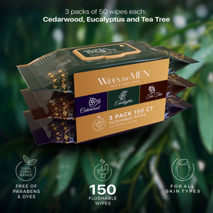 Men's Assorted Face and Body Wipes – Cedarwood, Tea Tree, and Eucalyptus (3-Pack, 150 Wipes) by Pursonic