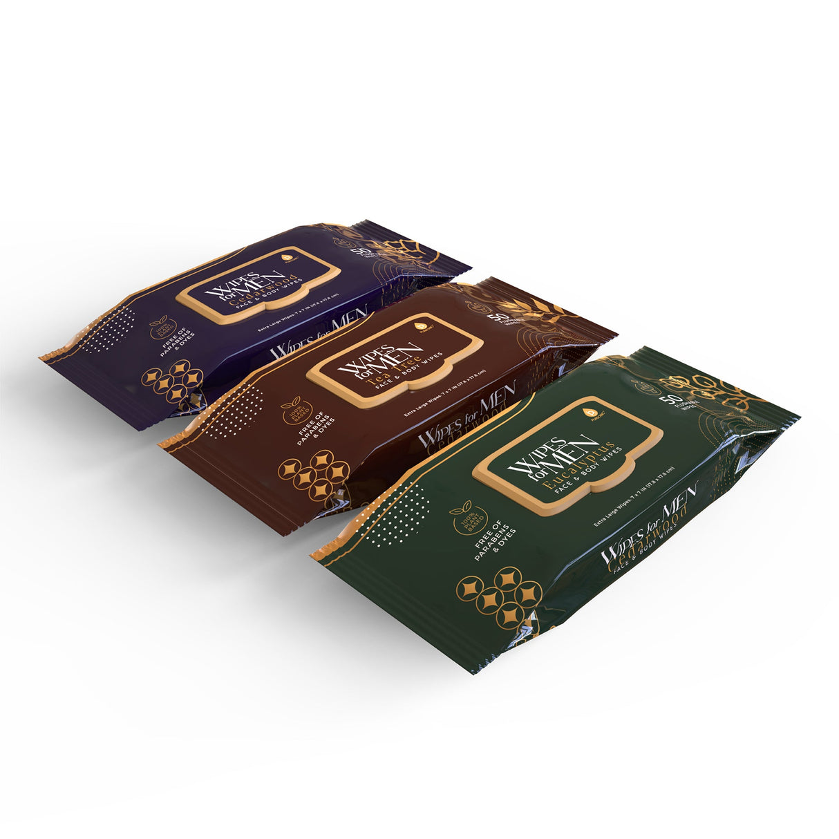 Men's Assorted Face and Body Wipes – Cedarwood, Tea Tree, and Eucalyptus (3-Pack, 150 Wipes) by Pursonic