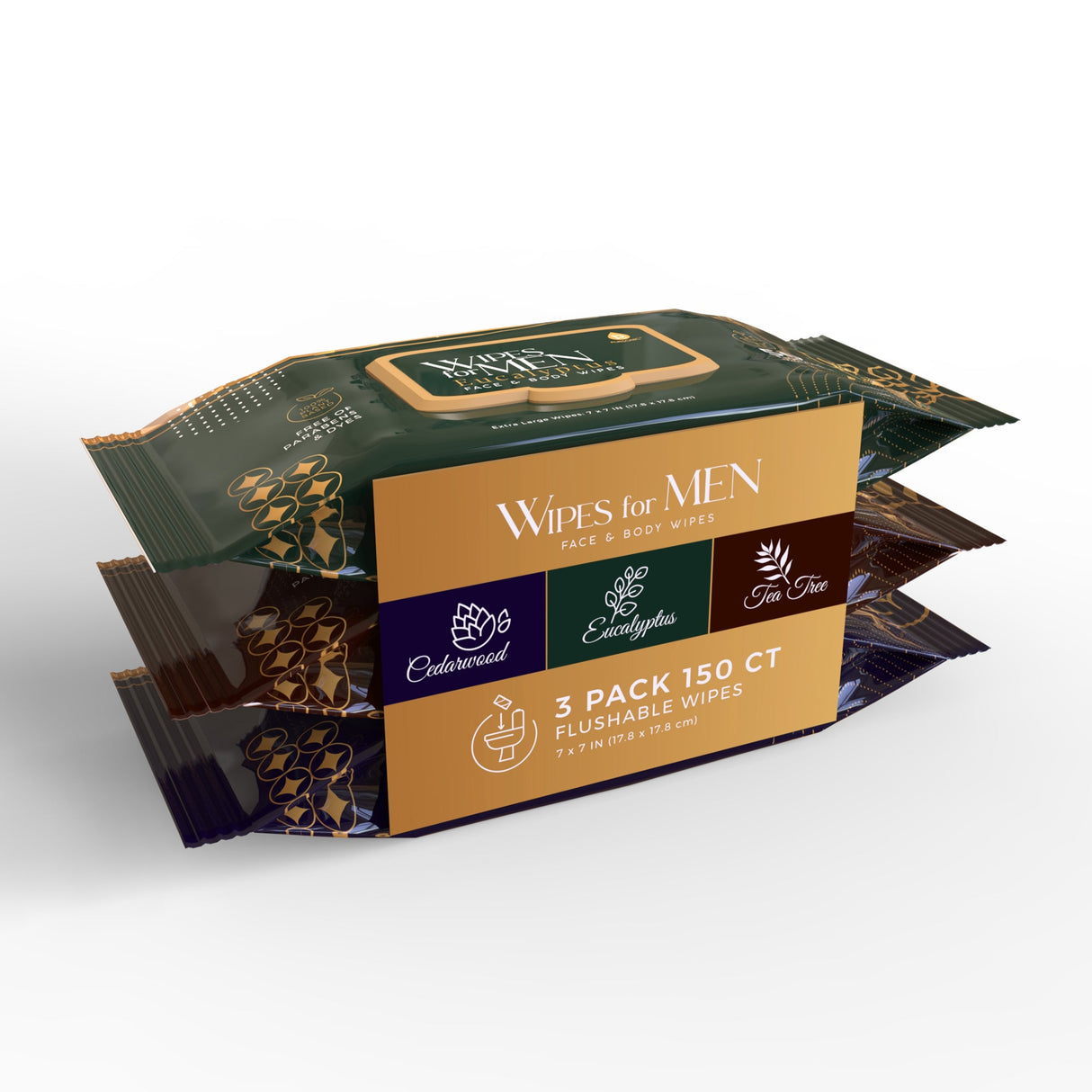 Men's Assorted Face and Body Wipes – Cedarwood, Tea Tree, and Eucalyptus (3-Pack, 150 Wipes) by Pursonic