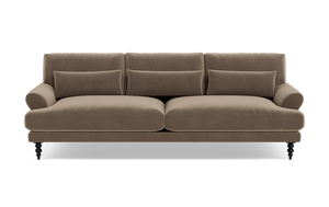 Introducing the Maxwell Custom Sofa: a classic and elegant piece featuring a rich brown color. This sophisticated three-seater sofa is designed with two seat cushions and three back cushions, complemented by rounded armrests. It stands gracefully on black, turned wood legs, adding a touch of timeless charm to any space.