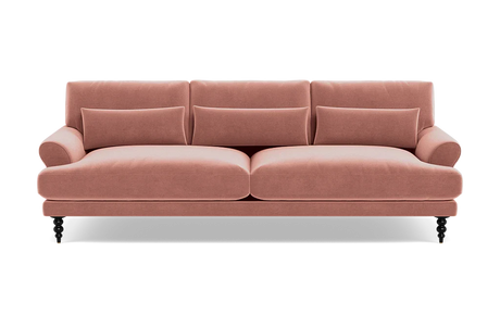 Introducing the Maxwell Custom Sofa: a luxurious, pink seating option featuring three comfortable back cushions and two elegant side armrests. With its modern design and sturdy support from four wooden legs, it offers both style and comfort.
