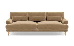 The Maxwell Custom Sofa is a classic and comfortable addition to any living room, featuring a beige color with three back cushions, two seat cushions, rounded armrests, and wooden legs.