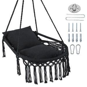 Macrame Swing Chair Hammock Chair with 2 Removable Cushions-Black