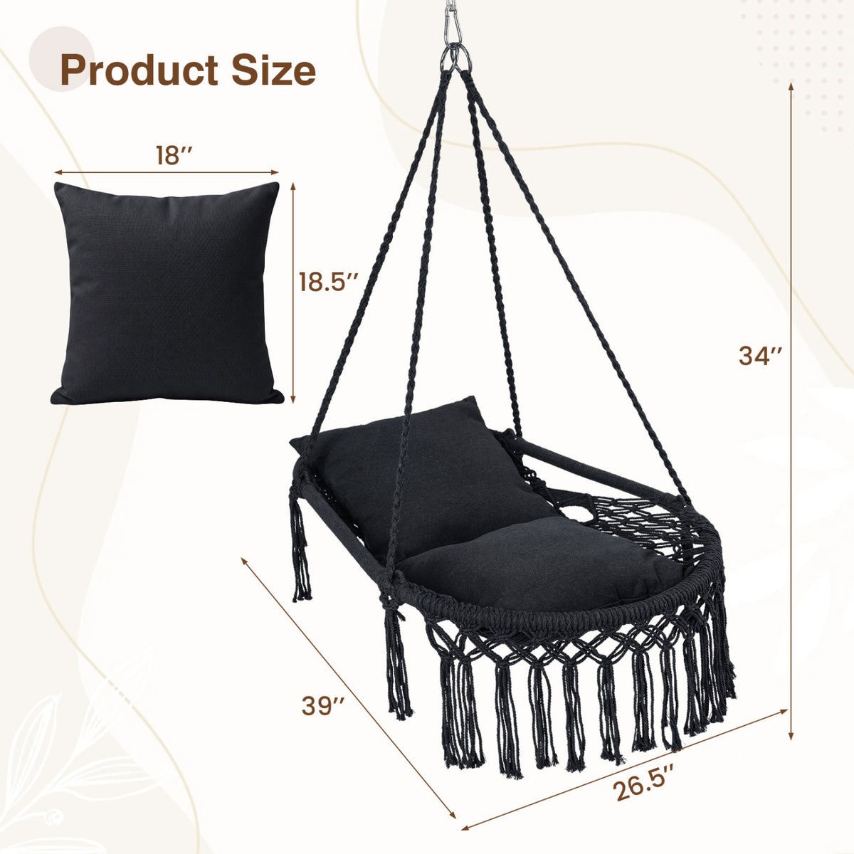 Macrame Swing Chair Hammock Chair with 2 Removable Cushions-Black