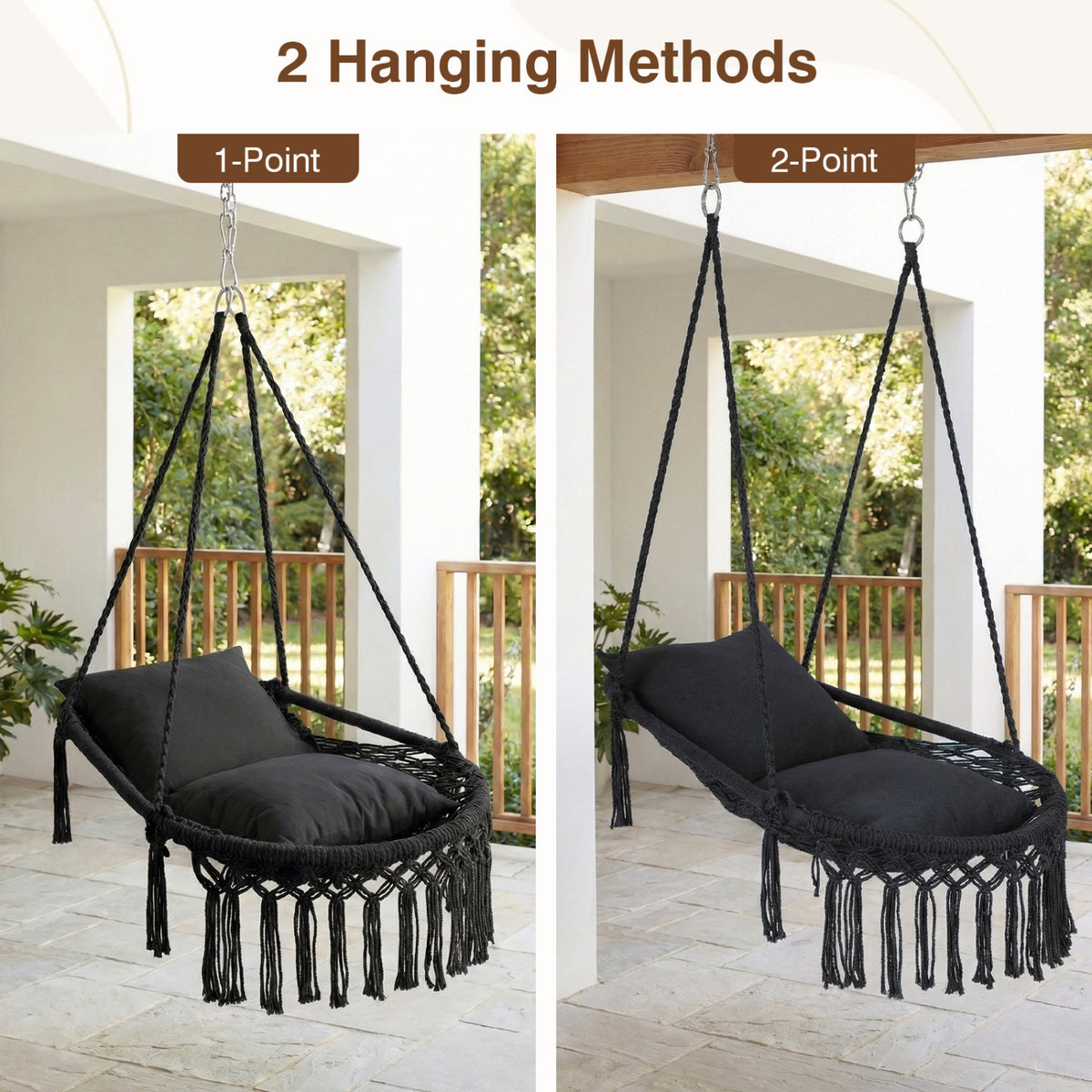 Macrame Swing Chair Hammock Chair with 2 Removable Cushions-Black