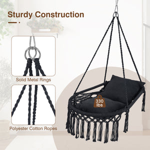 Macrame Swing Chair Hammock Chair with 2 Removable Cushions-Black