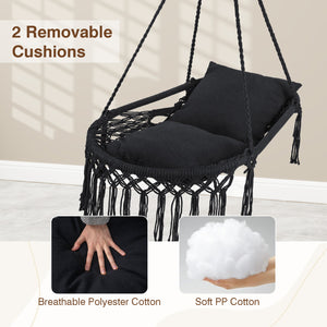 Macrame Swing Chair Hammock Chair with 2 Removable Cushions-Black
