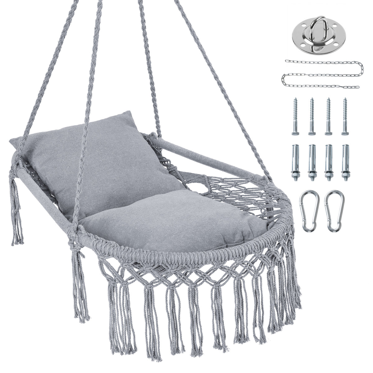 Macrame Swing Chair Hammock Chair with 2 Removable Cushions-Grey