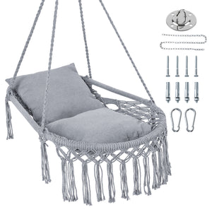 Macrame Swing Chair Hammock Chair with 2 Removable Cushions-Grey