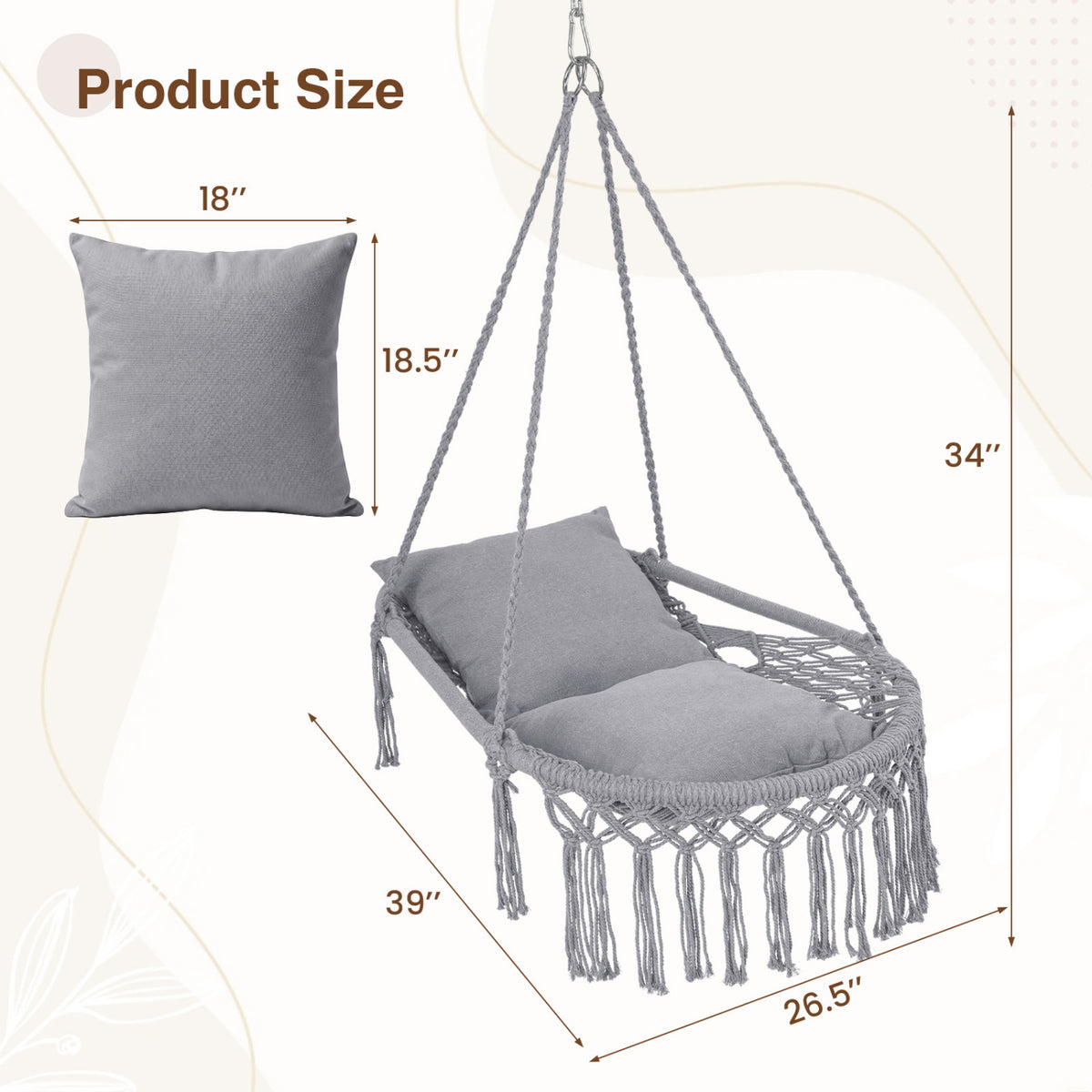 Macrame Swing Chair Hammock Chair with 2 Removable Cushions-Grey