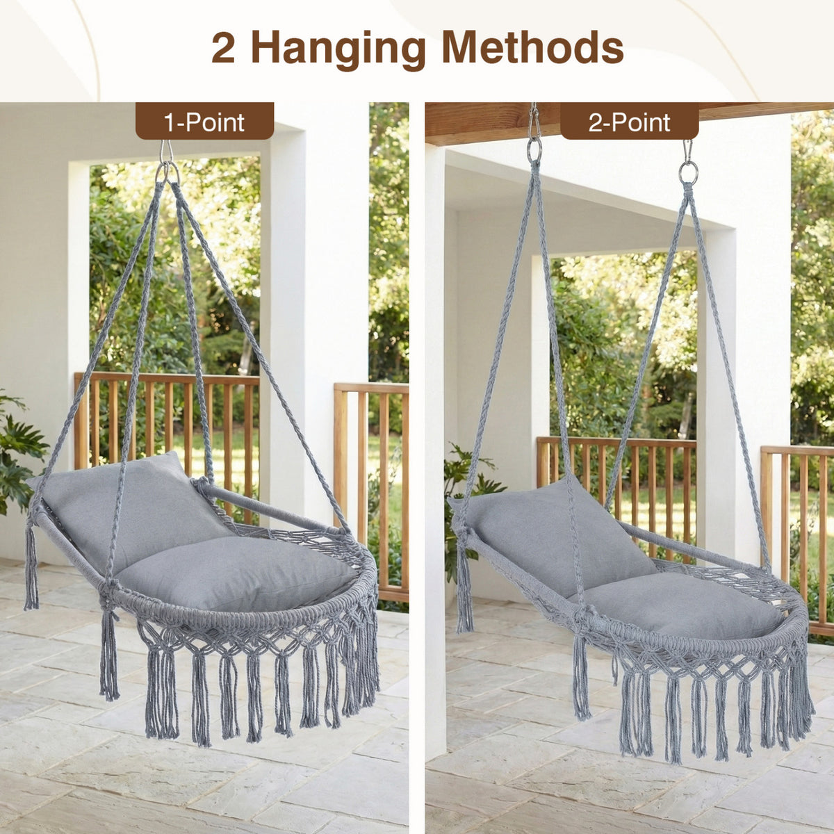 Macrame Swing Chair Hammock Chair with 2 Removable Cushions-Grey