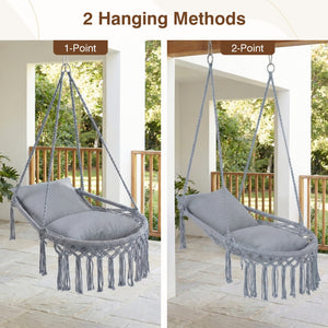 Macrame Swing Chair Hammock Chair with 2 Removable Cushions-Grey