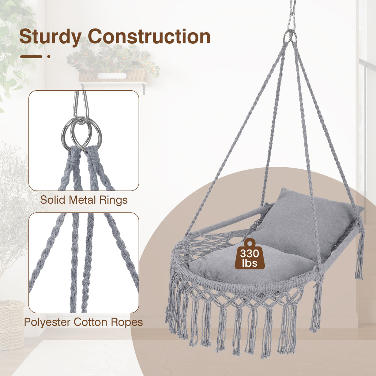 Macrame Swing Chair Hammock Chair with 2 Removable Cushions-Grey