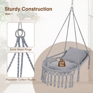 Macrame Swing Chair Hammock Chair with 2 Removable Cushions-Grey