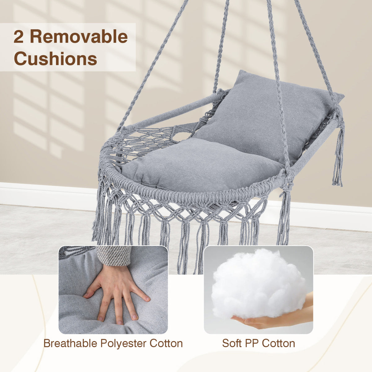Macrame Swing Chair Hammock Chair with 2 Removable Cushions-Grey