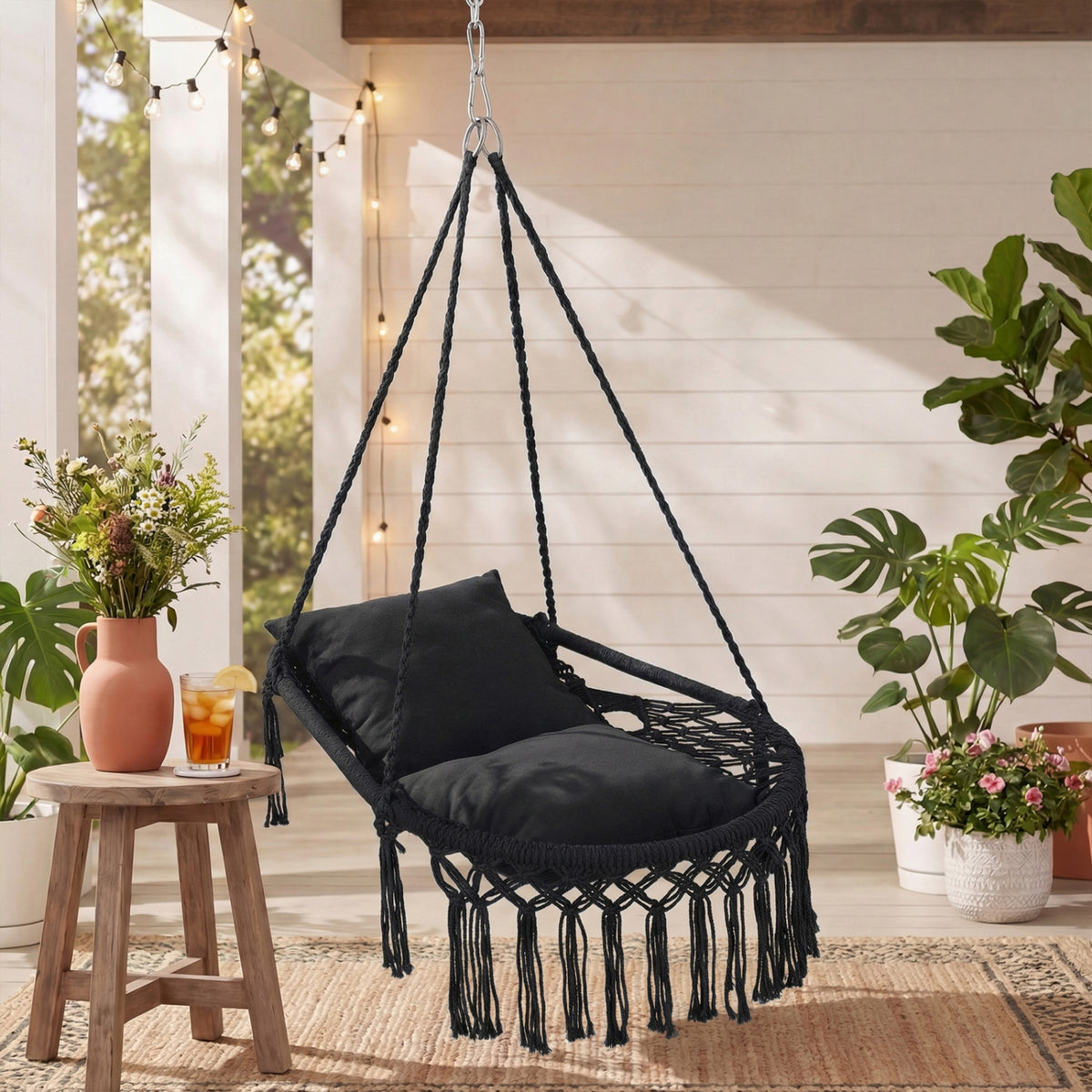 Macrame Swing Chair Hammock Chair with 2 Removable Cushions-Black