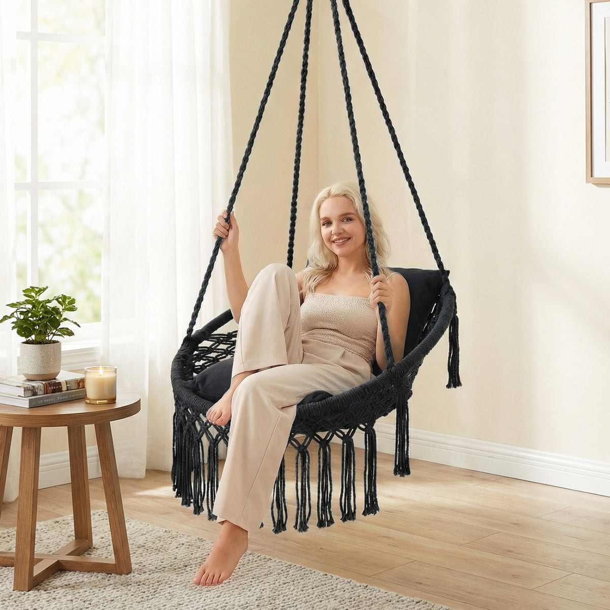 Macrame Swing Chair Hammock Chair with 2 Removable Cushions-Black