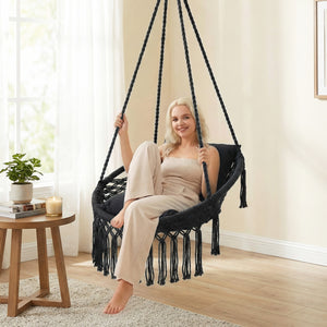 Macrame Swing Chair Hammock Chair with 2 Removable Cushions-Black